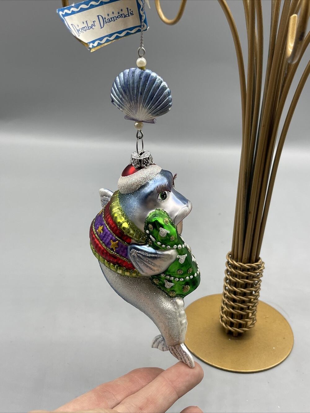 December Diamonds fish Glass Ornament Tuna Long Eyelashes Christmas Tree Glitter